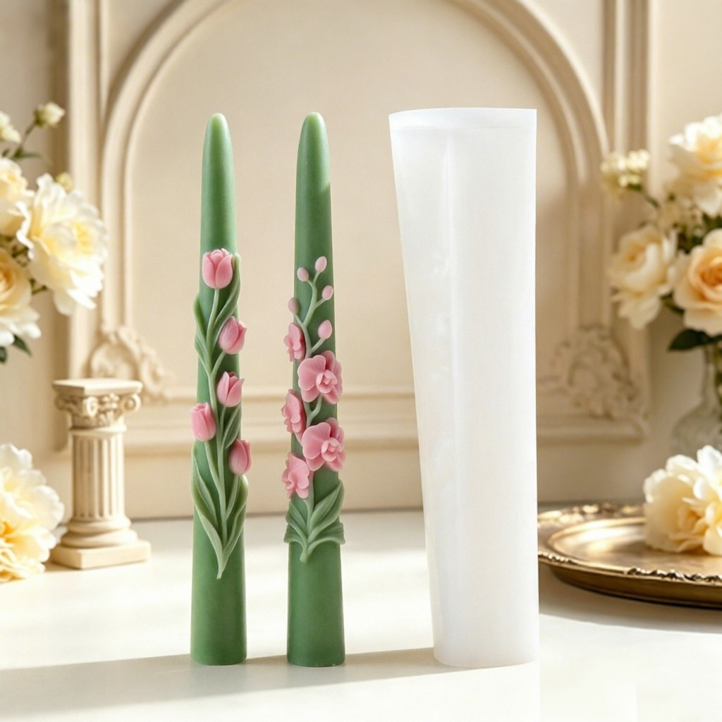 Candle Making Course - ロングポールフラワーテーパーキャンドルシリコンモールド3Dエンボス加工チューリップオーキッド型ソイワックスキャンドル作りホームデコレーションギフト用